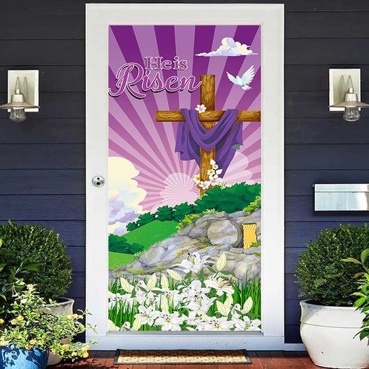 Aperturee - He Is Risen Lily Purple Sky Cross Easter Door Cover