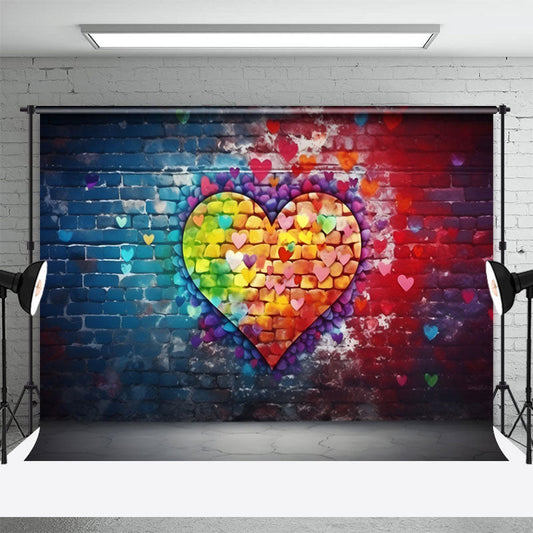 Aperturee - Heart Blue Red Brick Wall Valentines Day Backdrop