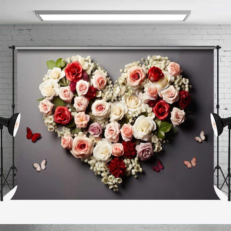 Aperturee - Heart Shape Floral Butterfly Valentines Day Backdrop