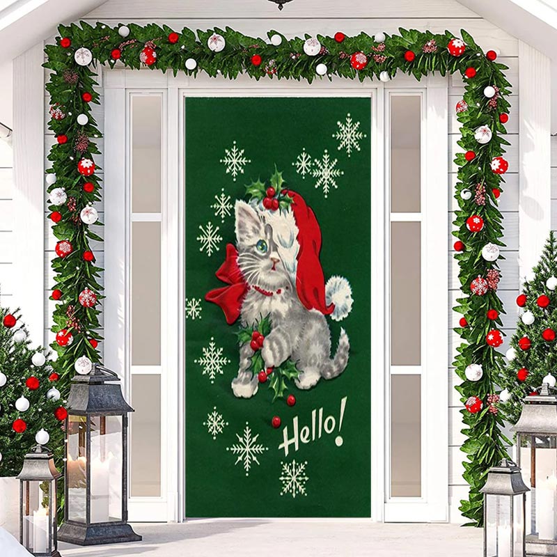 Aperturee - Hello Cat Green Snowflake Door Cover For Christmas