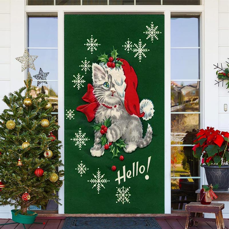 Aperturee - Hello Cat Green Snowflake Door Cover For Christmas