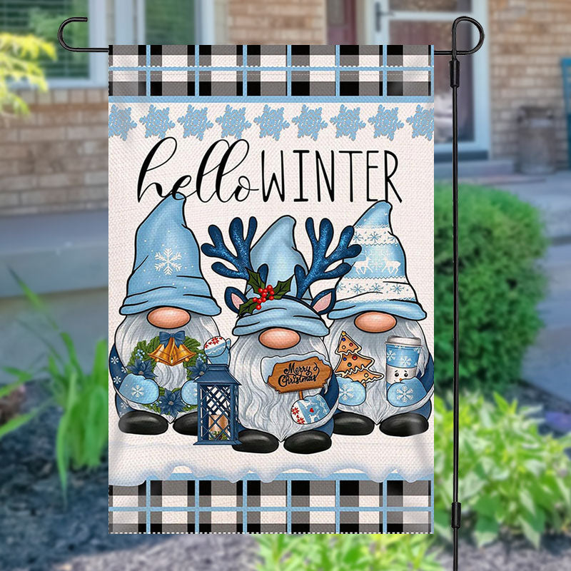 Aperturee - Hello Winter Blue Plaid Gnome Christmas Garden Flag