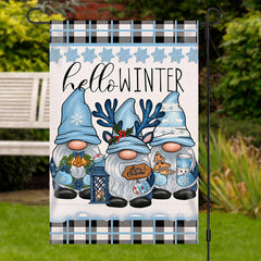 Aperturee - Hello Winter Blue Plaid Gnome Christmas Garden Flag