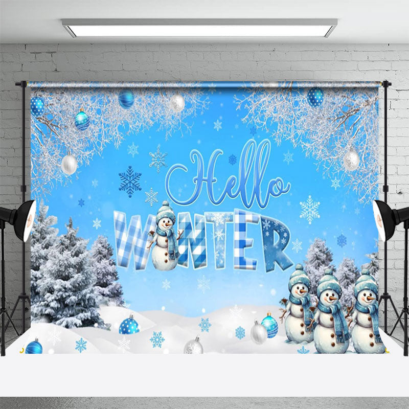 Aperturee - Hello Winter Snowflake Snowman Pine Blue Backdrop