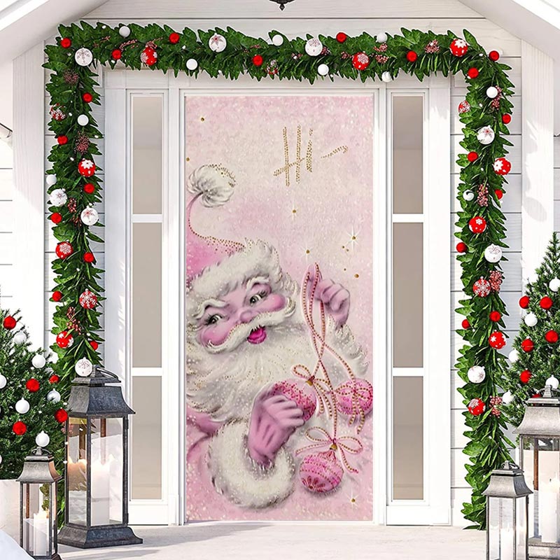 Aperturee - Hi Pink Santa Claus Snowy Door Cover For Christmas