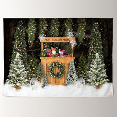 Aperturee - Hot Cocoa Night Snowy Trees Christmas Backdrop