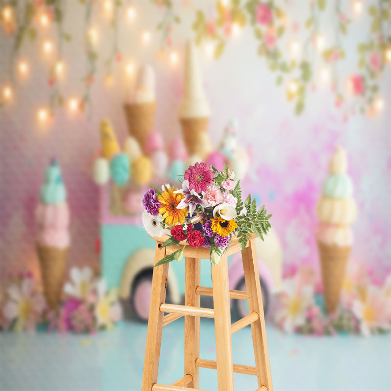 Aperturee - Ice Cream Car Floral Light Bokeh Cake Smash Backdrop
