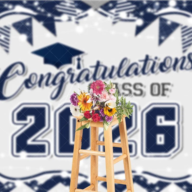 Aperturee - Indigo White Stripe Bokeh 2026 Grad Photo Booth Backdrop