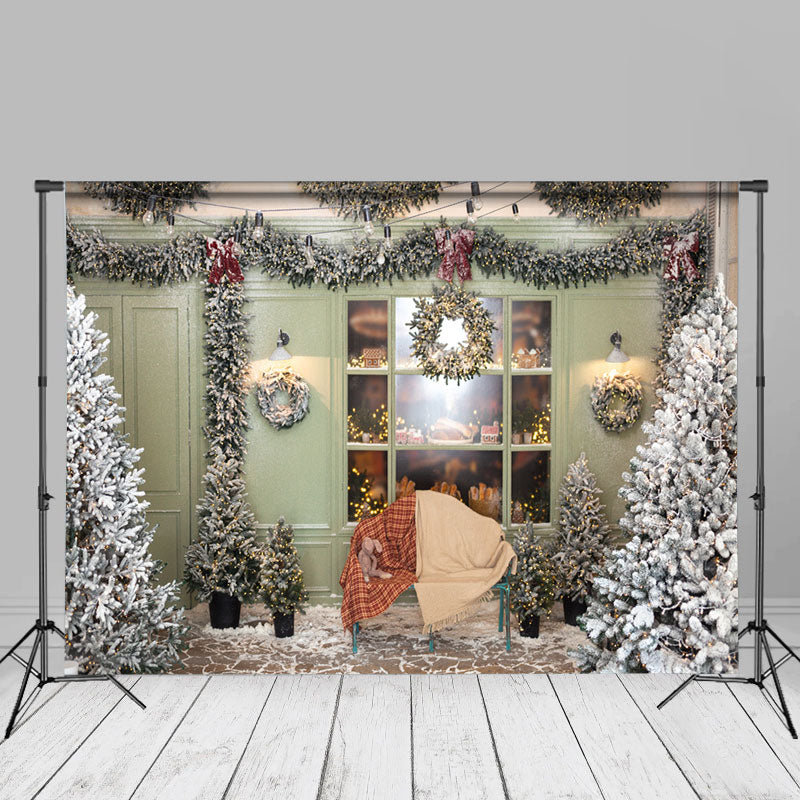 Aperturee - Indoor Trees Green Door Window Wreath Christmas Backdrop