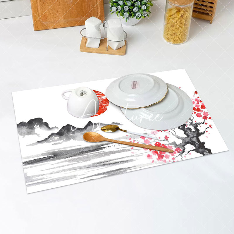 Aperturee - Ink Paint Floral Tree Sun Mount Set Of 4 Placemats