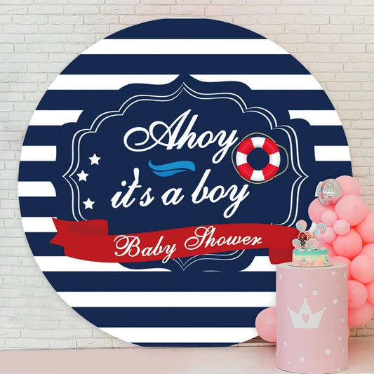 Aperturee - Its A Boy Blue stripes Circle Baby Shower Backdrop