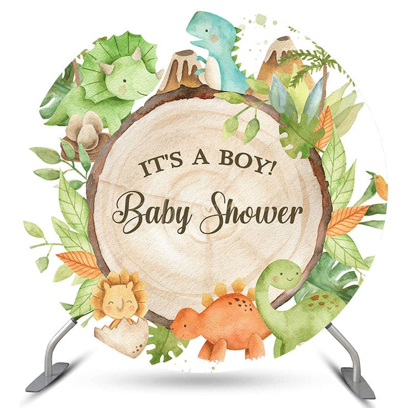 Aperturee Its A Boy Green Leaves Dinosaur Round Baby Shower Backdrop