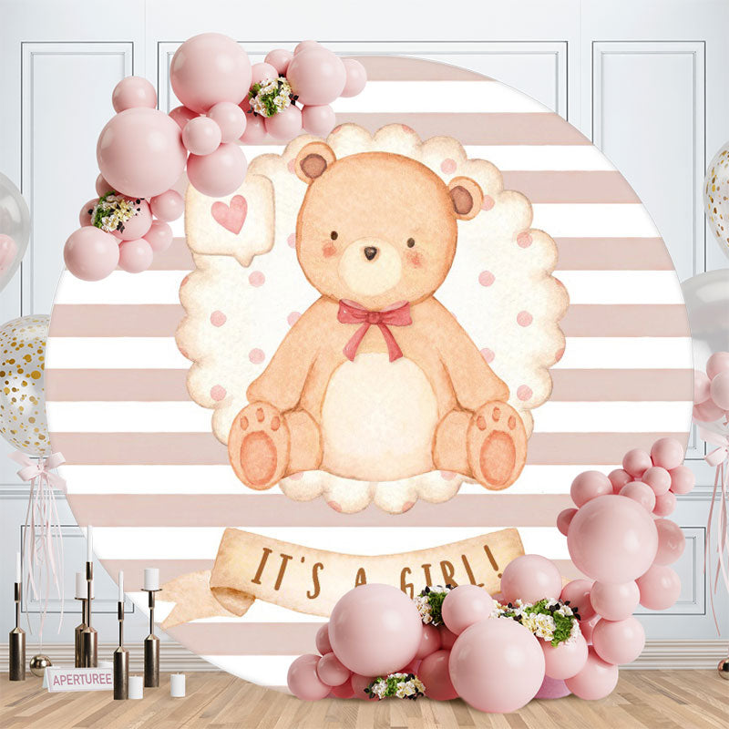 Aperturee - Its A Girl Bear Pink Circle Baby Shower Backdrop