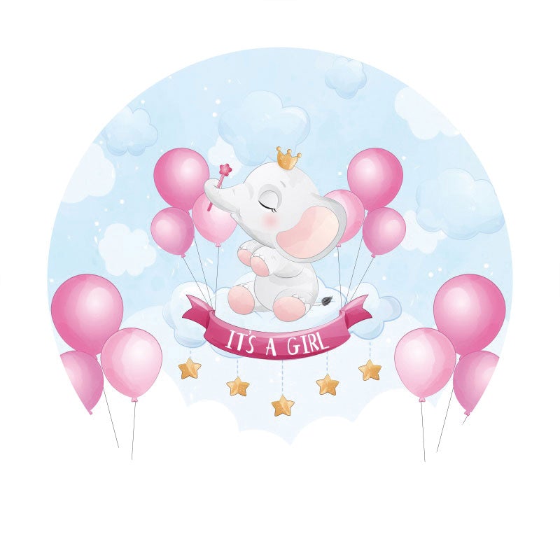 Aperturee - Its A Girl Elephant Round Baby Shower Backdrop