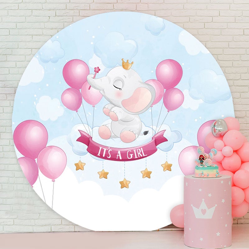 Aperturee - Its A Girl Elephant Round Baby Shower Backdrop
