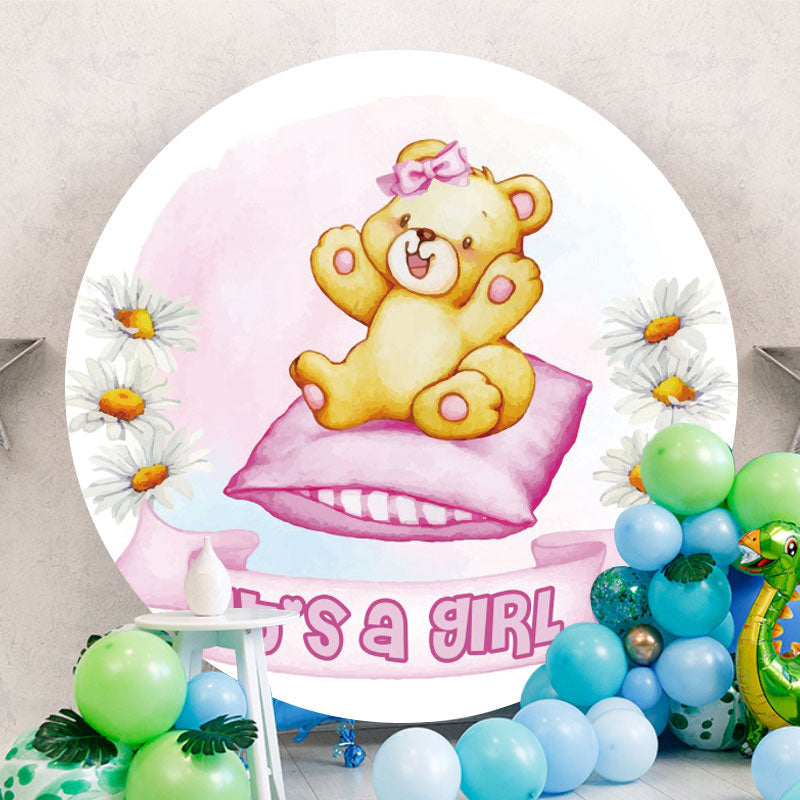 Aperturee - Its A Girl Teddy Bear Round Baby Shower Backdrop