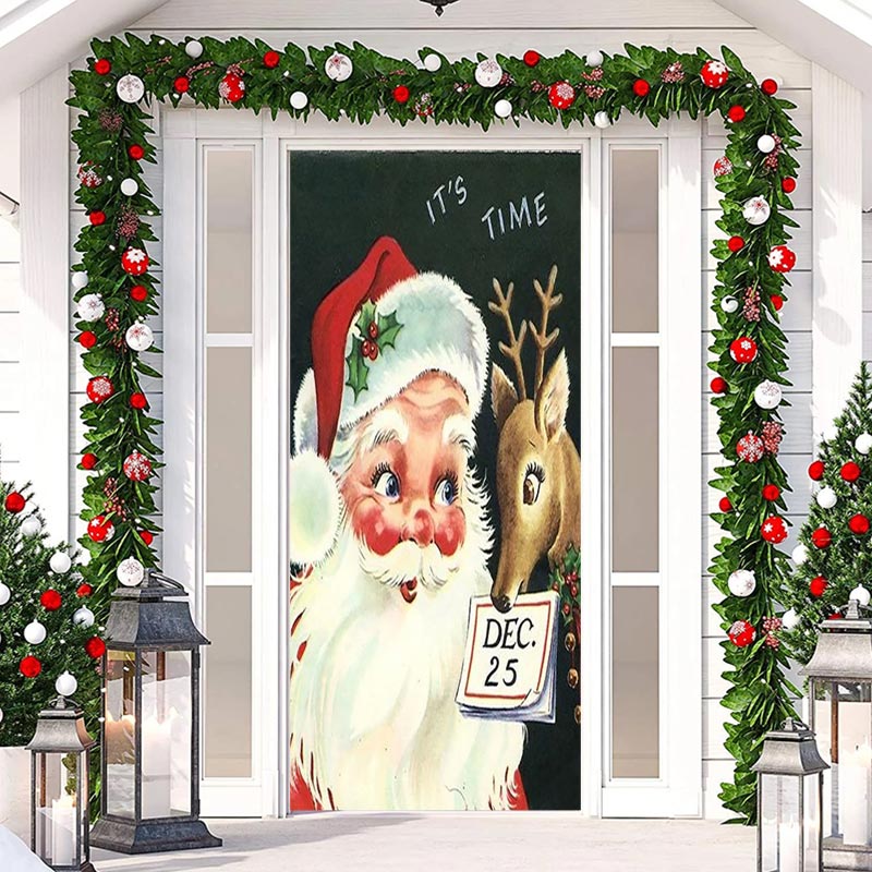 Aperturee - Its Time Santa Claus Elk Green Christmas Door Cover