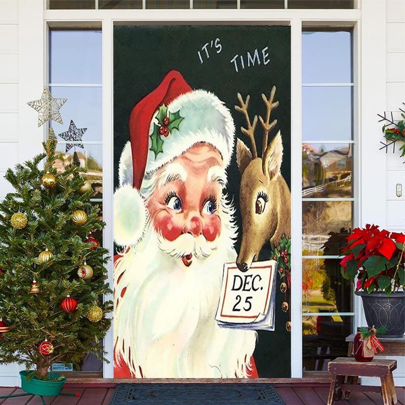 Aperturee - Its Time Santa Claus Elk Green Christmas Door Cover