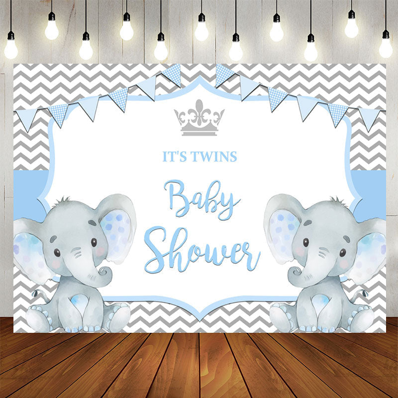 Aperturee - Its Twins Two Baby Blue Elephants Baby Shower Backdrop