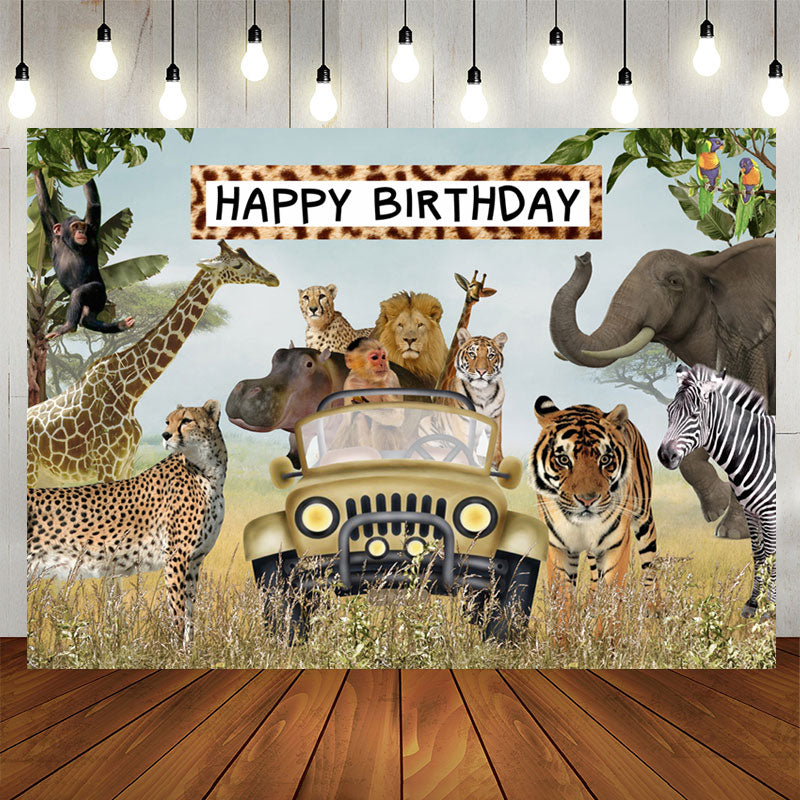 Aperturee - Jungle Animals Happy Birthday Wildlife Backdrop for Boys