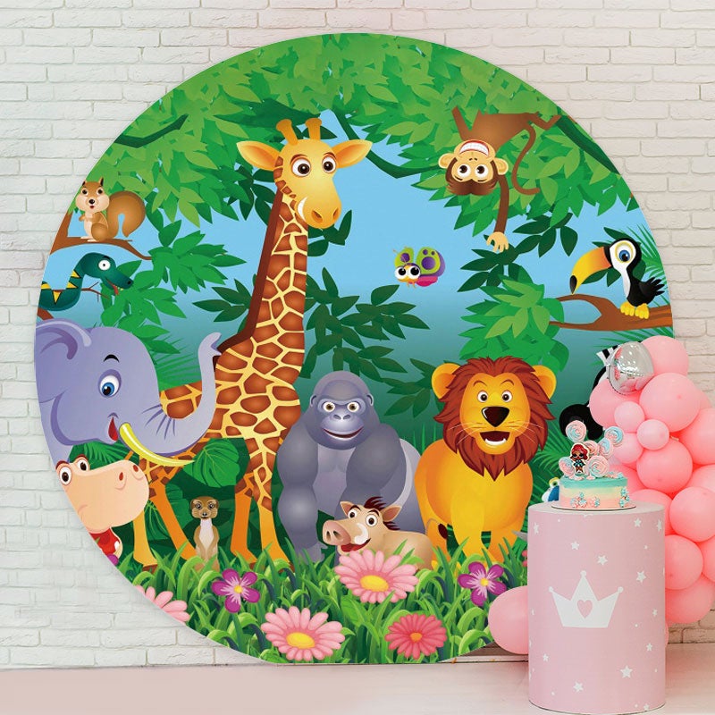 Aperturee - Jungle Animals Round Happy Birthday Backdrop For Kids
