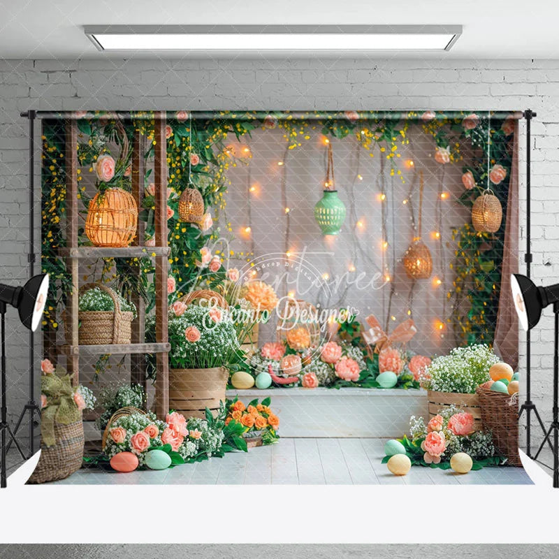 Aperturee - Lantern Pink Curtain Green Grass Photo Booth Backdrop