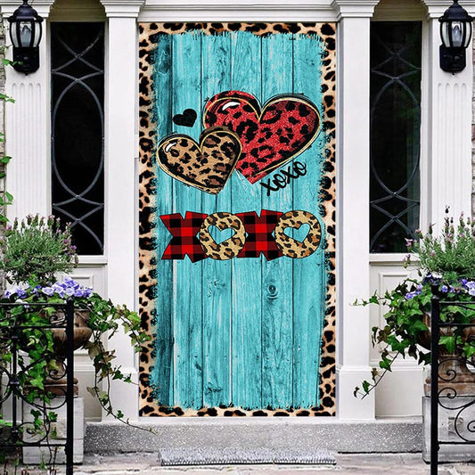 Aperturee - Leopard Hearts Blue Wood Valentines Day Door Cover