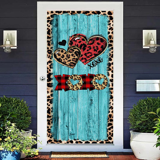 Aperturee - Leopard Hearts Blue Wood Valentines Day Door Cover