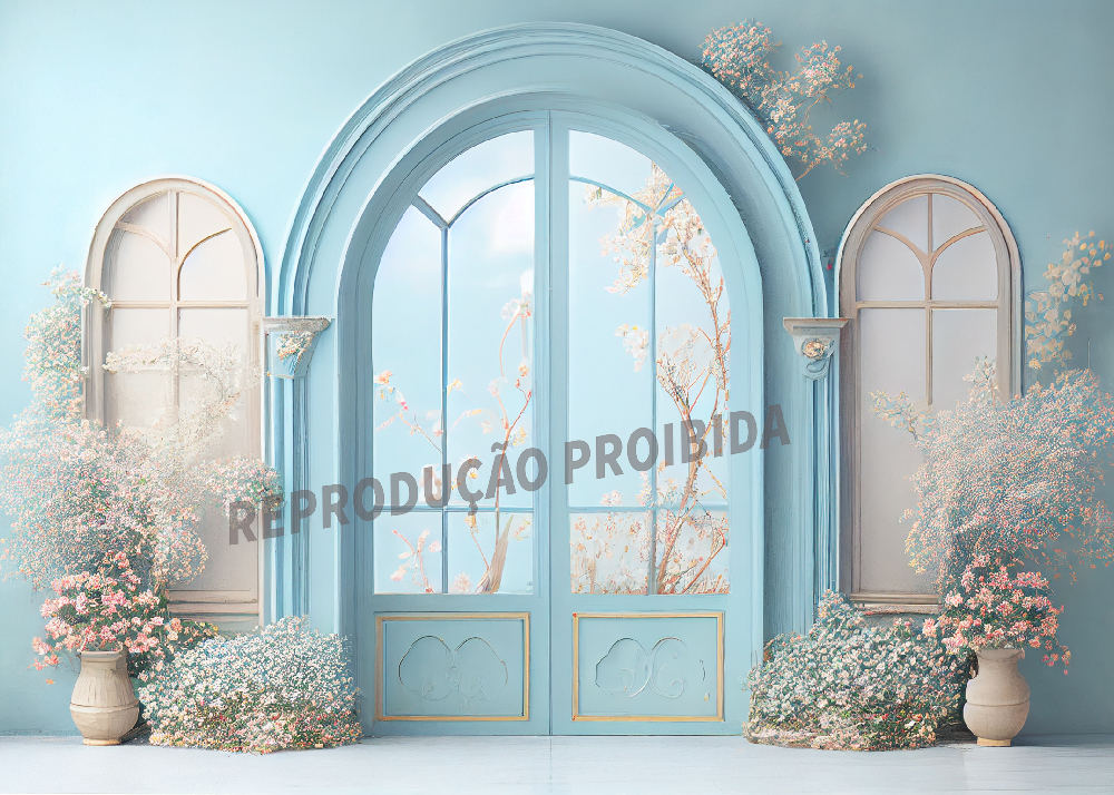 Aperturee - Light Blue Arch Door Floral Portrait Studio Backdrop