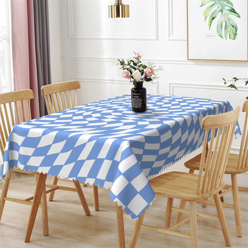 Aperturee - Light Blue White Deformed Grid Rectangle Tablecloth