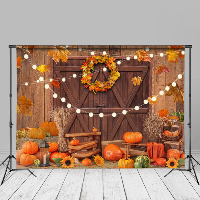 Aperturee - Light Wood Door Pumpkin Maple Leaves Autumn Backdrop
