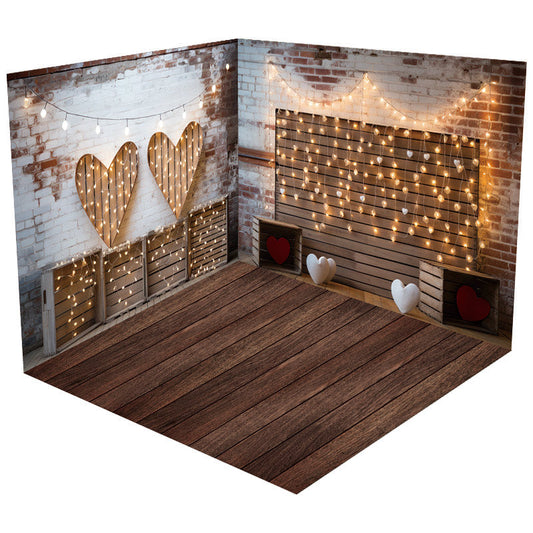 Aperturee - Light Wood Heart Brick Wall Valentines Room Set