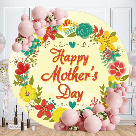Aperturee - Light Yellow Floral Round Happy Mothers Day Backdrop