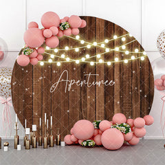 Aperturee - Lights Dot Brown Wooden Wall Round Birthday Backdrop