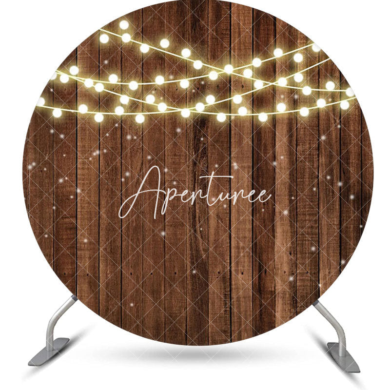 Aperturee - Lights Dot Brown Wooden Wall Round Birthday Backdrop
