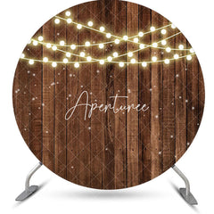 Aperturee - Lights Dot Brown Wooden Wall Round Birthday Backdrop