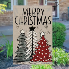 Aperturee - Line Xmas Tree Burlap Merry Christmas Garden Flag