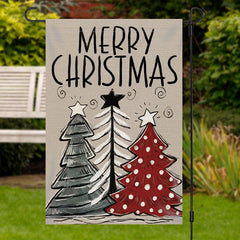 Aperturee - Line Xmas Tree Burlap Merry Christmas Garden Flag