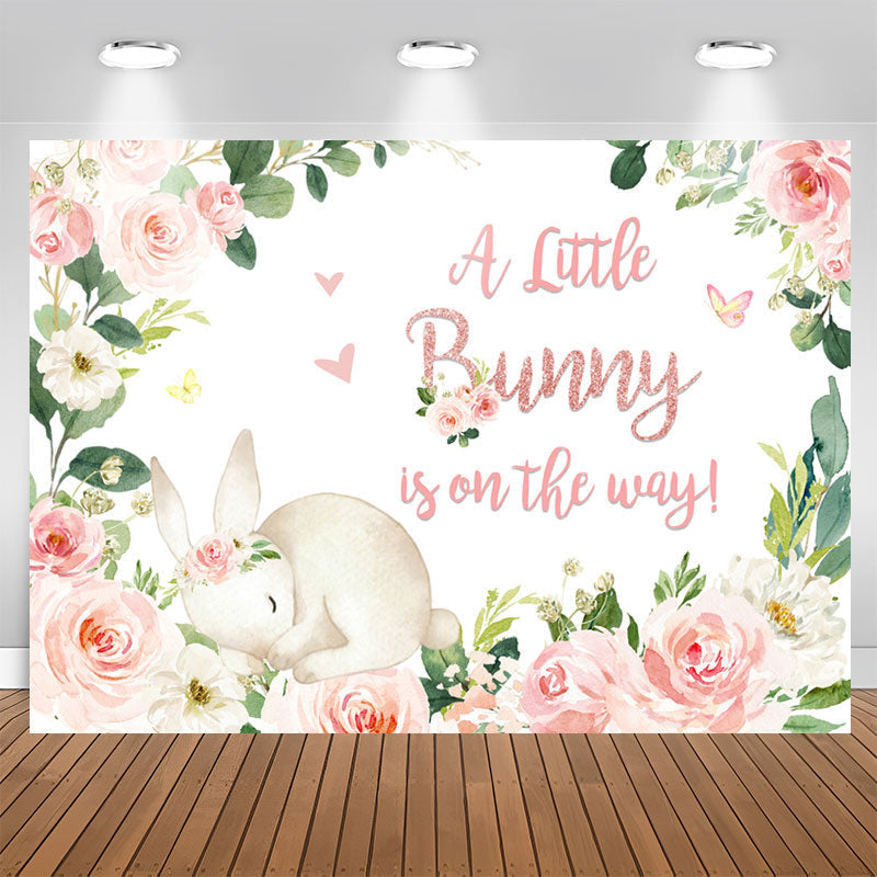 Aperturee - Little Bunny Is On The Way Floral Baby Shower Backdrop