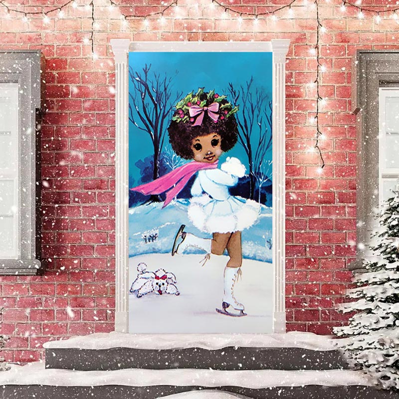 Aperturee - Little Girl Skating Snowfield Christmas Door Cover