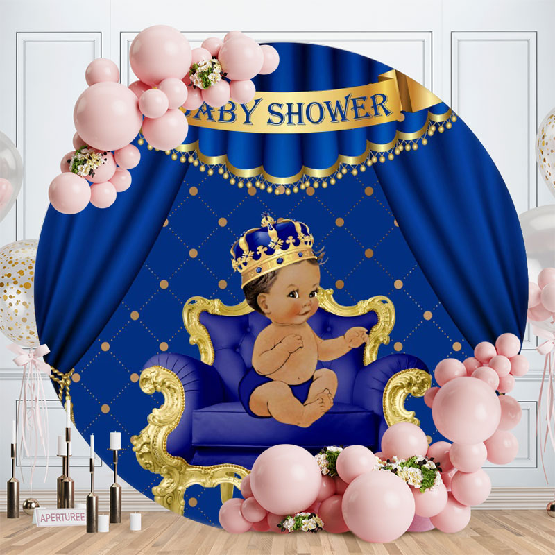Aperturee - Little Prince Navy And Gold Round Baby Shower Backdrop