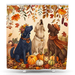 Aperturee - Lofaris Cute Labrador Dogs and Pumpkins Autumn Fall Shower Curtain Rustic Harvest Season Decor
