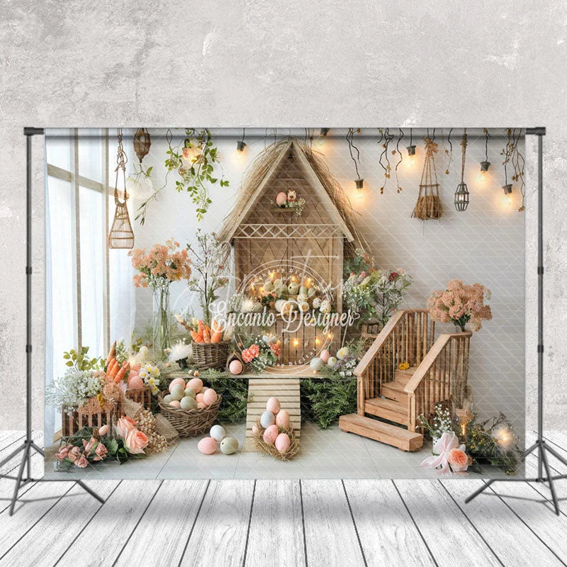 Aperturee - Log Cabin Staircase Easter Egg Spring Photo Backdrop