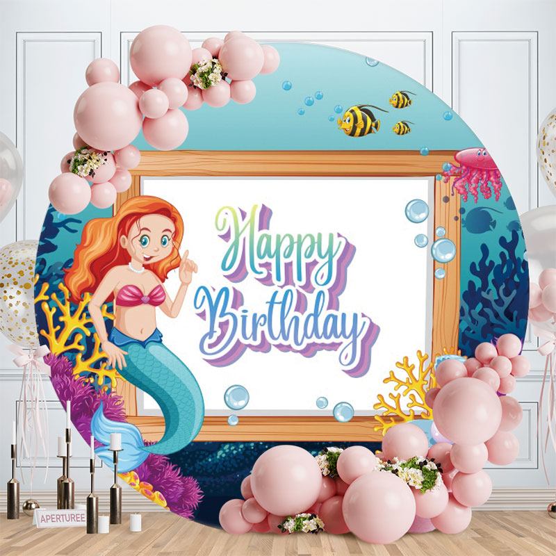 Aperturee - Mermaid Sea World Round Happy Birthday Backdrop