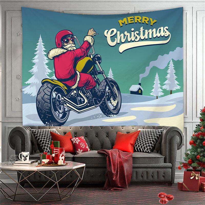 Aperturee - Merry Christmas Motorcycle Tree Family Wall Tapestry