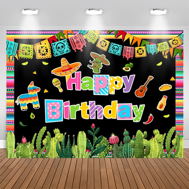 Aperturee - Mexican Fiesta Colored Flag Cactus Birthday Backdrop