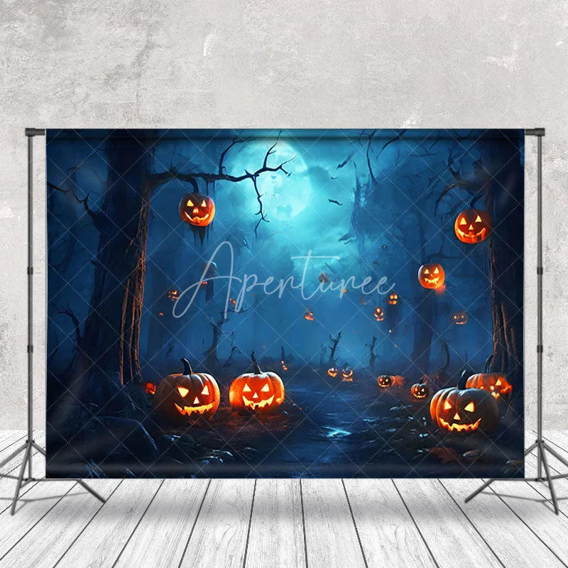 Aperturee - Misty Forest Pumpkins Moon Halloween Backdrop