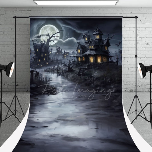 Aperturee - Moon Black Haunted House Halloween Photo Backdrop