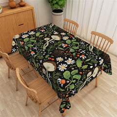 Aperturee - Mushroom Floral Plant Black Rectangle Tablecloth