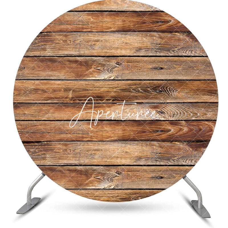 Aperturee - Natural Brown Wooden Plank Round Birthday Backdrop